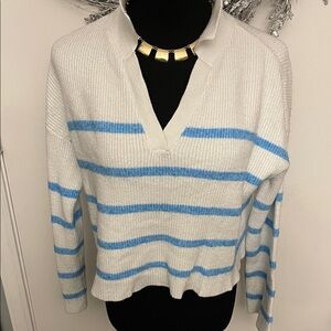 Jessica Simpson V-Neck Sweater - White and Blue Stripes